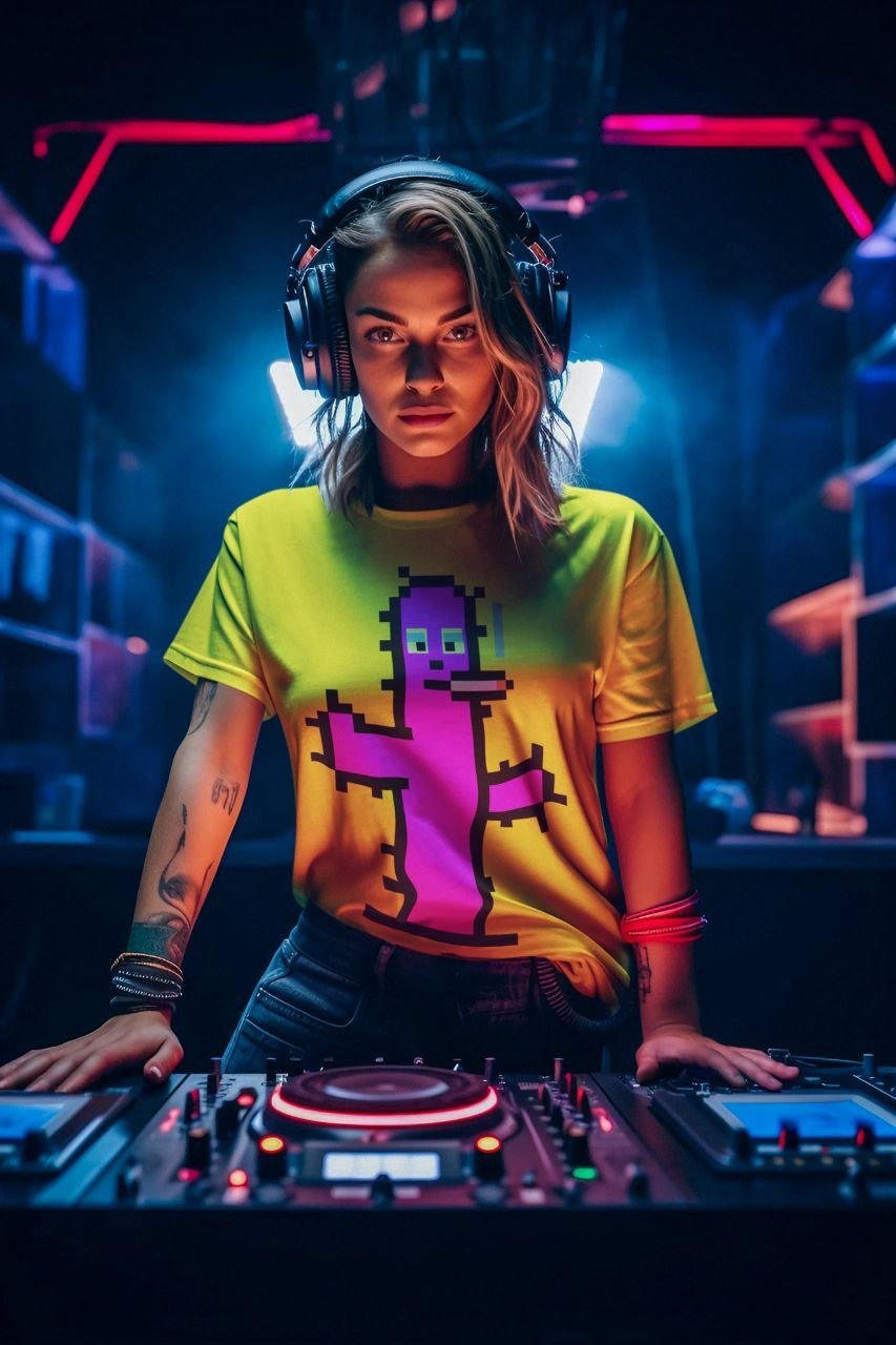 Female DJ mixing on turntables wearing a Spike Society cactus t-shirt