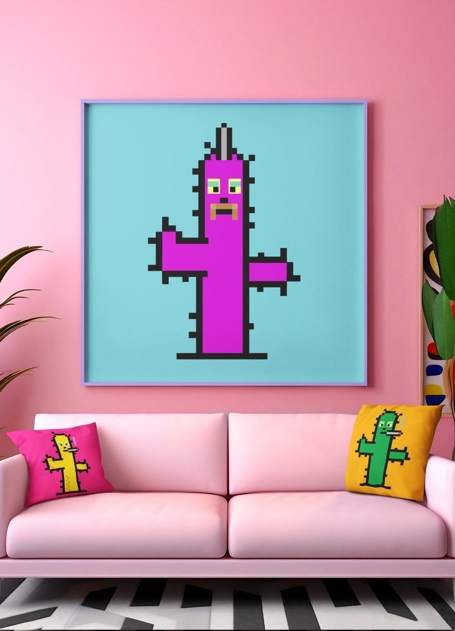 Spike Society cactus artwork in a colorful modern living room